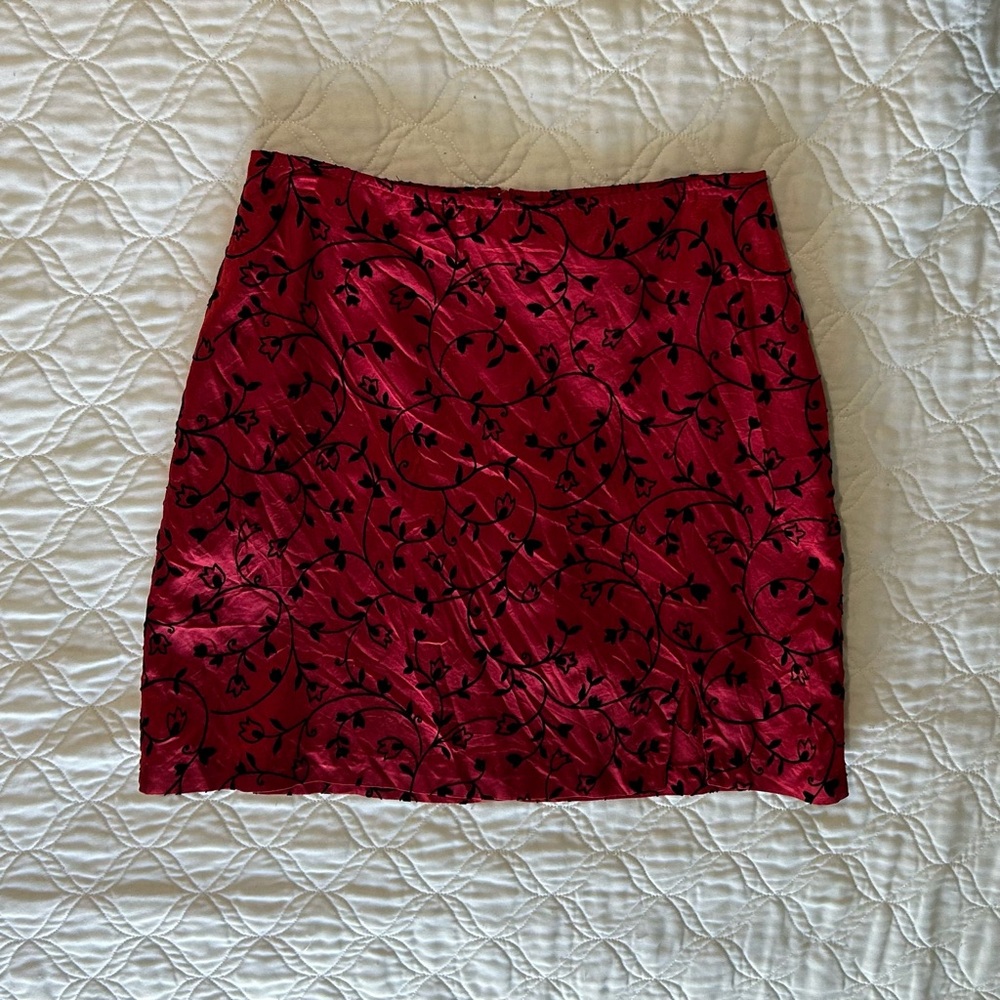 Vintage 90’s Red Mini Silk Skirt with Velvet Floral Detailing, Size 5